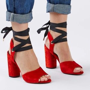 NEW TOPSHOP RED VELVET ROYAL ANKLE WRAP BLOCK HEEL